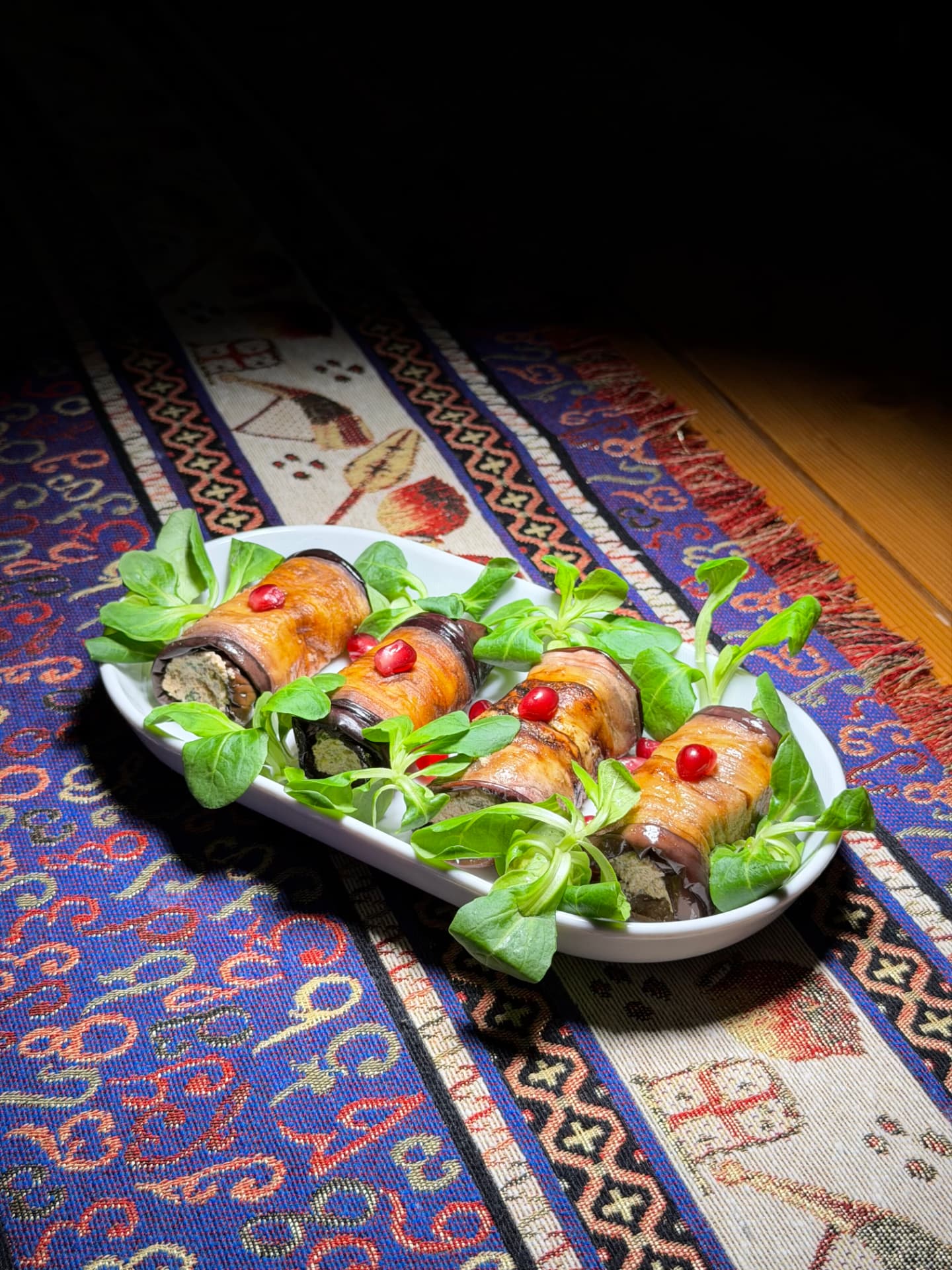 Aubergine rolls with walnut filling served at Georgian Table